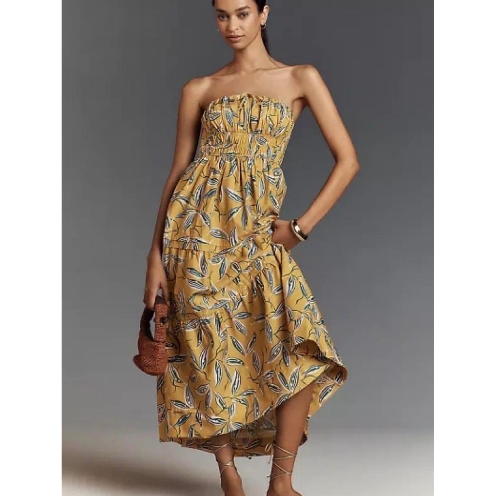 ANTHROPOLOGIE The Somerset Maxi Dress Yellow XS Botanical Floral Tiered Boho